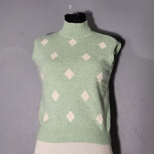 Escada Mock neck argyle Cashmere Wool Blend sweater vest Green Sz 36